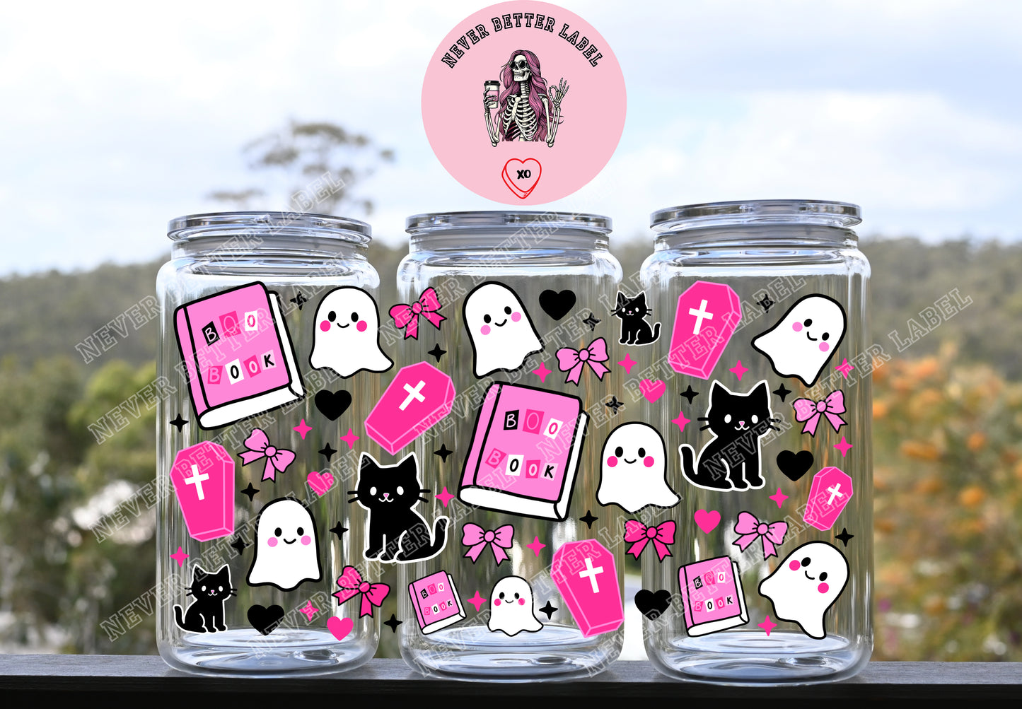 Pink Black Ghost Wrapped Glitter Filled Tumbler with Lid and Straw