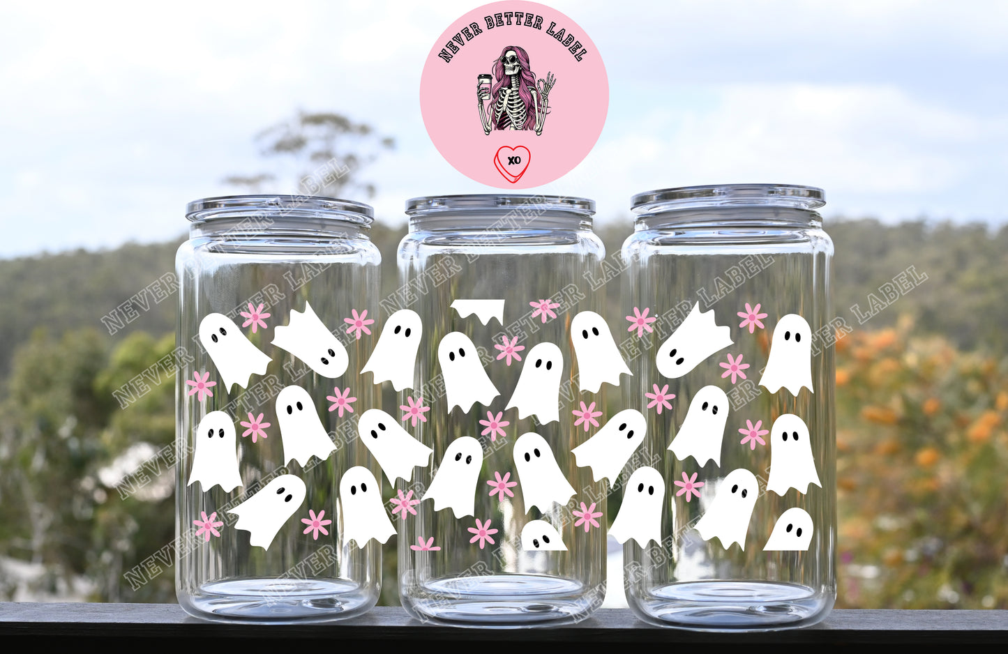 Pink Boho Ghost Wrapped Glitter Filled Tumbler with Lid and Straw