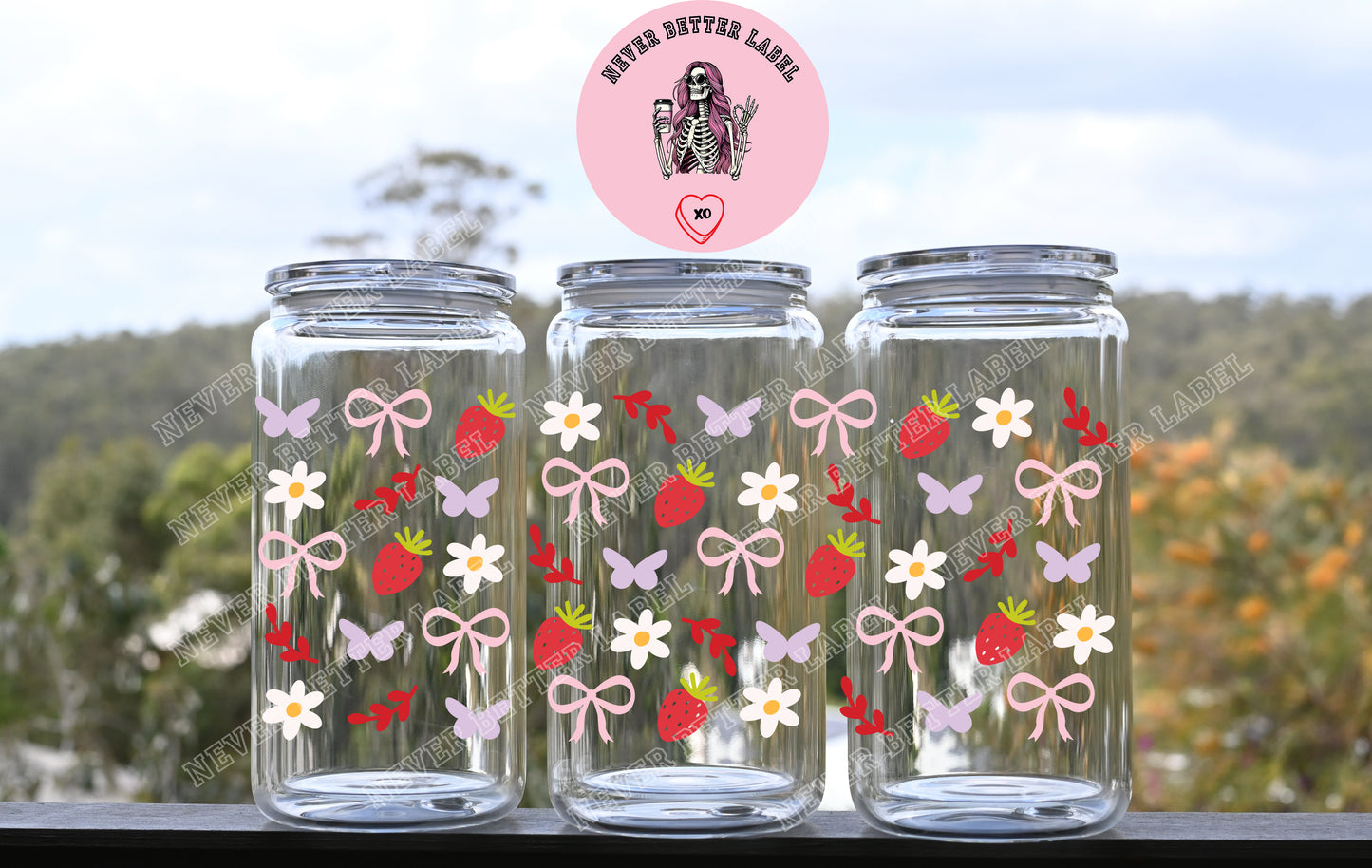 Strawberry Bows Wrapped Glitter Filled Tumbler with Lid and Straw