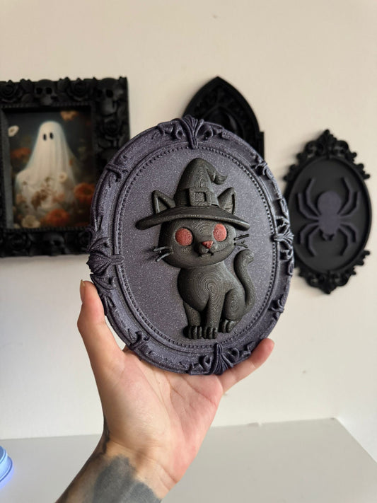 Witch Cat Oval Frame Wall Plaque — 3D Printed Spooky