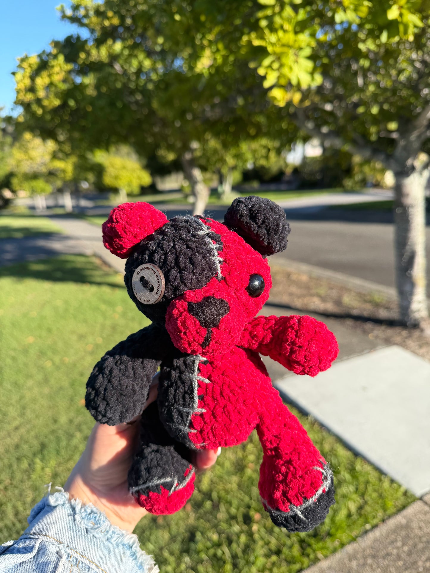 🧸 Crimson Zombie Bear Crochet Plush ❤️🖤