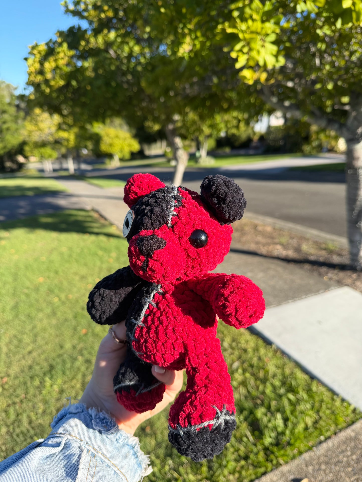 🧸 Crimson Zombie Bear Crochet Plush ❤️🖤