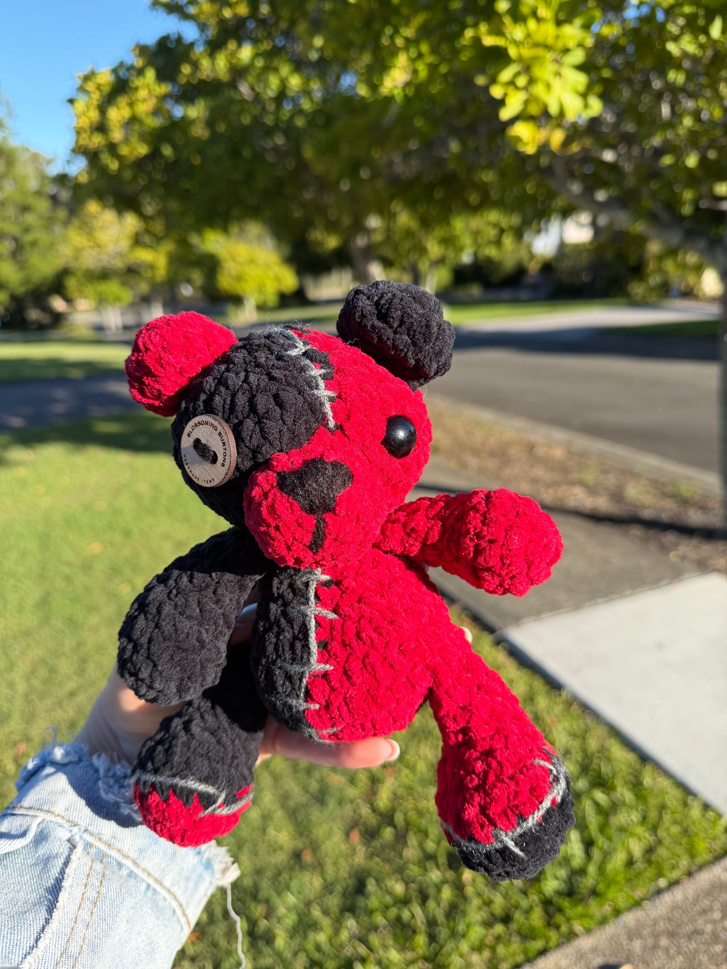 🧸 Crimson Zombie Bear Crochet Plush ❤️🖤